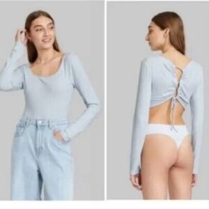 WILD FABLE Stretchy Long Sleeve Open Back Bodysuit Light Blue